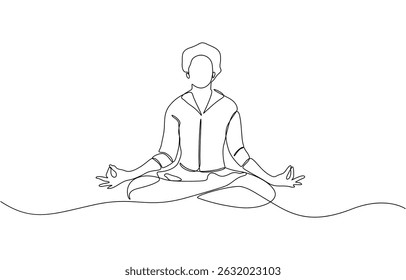 Continuous one line drawing of beautiful female yoga pose character, Doodle illustration of relaxing workout, One continuous single line of woman sitting yoga isolated on white background.