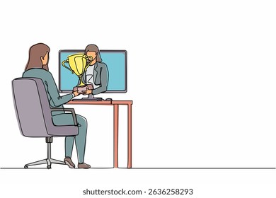 Continuous one line drawing beautiful businesswoman holds out a golden cup from a monitor to a happy office worker. Award in the online contest. Single line draw design vector graphic illustration