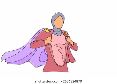 Continuous one line drawing beautiful young female in business hijab wearing shirt. Successful Arabian businesswoman. Hero, ripping off her shirt. Single line draw design vector graphic illustration