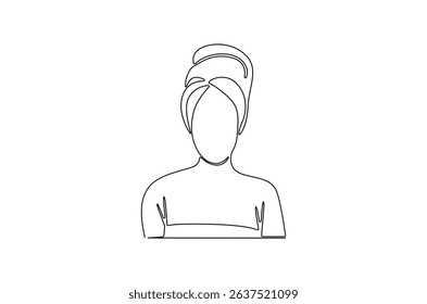 Continuous one line drawing of Beautiful woman with towel. Single line drawing illustration of Sensual woman with towel on head. International Beauty day concept vector art. Doodle line illustration.