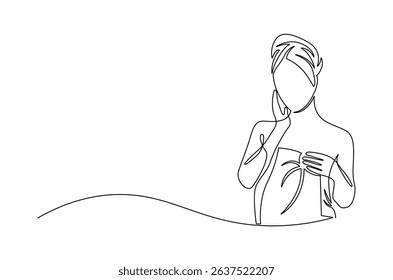 Continuous one line drawing of Beautiful woman with towel. Single line drawing illustration of Sensual woman with towel on head. International Beauty day concept vector art. Doodle line illustration.