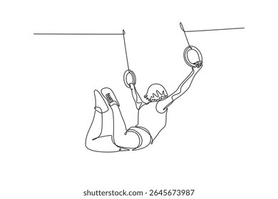 Uma linha contínua desenhando bela ginasta feminina balançando em anéis de ginástica enquanto fazendo exercícios musculares durante o treino de calistenia no ginásio. Ilustração gráfica vetorial de design de desenho de linha única