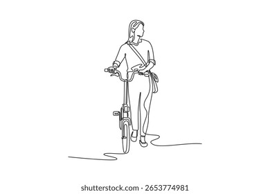 Uma linha contínua desenhando bela trabalhadora com pasta posando ao lado de sua bicicleta. Transporte ecológico e estilo de vida ativo saudável. Ilustração gráfica vetorial de design de desenho de linha única