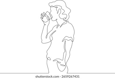Continua una línea dibujando hermosas bebidas de niña de un vaso. La mujer bebe agua. Una línea continua aislada mínima ilustración. No AI.