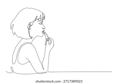 Dibujo continuo de una línea de la mujer hermosa que aplica el lápiz labial. Temas de rutinas de belleza, cosméticos, cuidado personal y feminidad