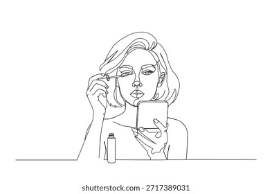 Dibujo continuo de una línea de la mujer hermosa que aplica el rímel con el espejo. Temas de rutinas de belleza, cosméticos, cuidado personal y feminidad