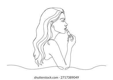Dibujo continuo de una línea de la mujer hermosa que aplica el lápiz labial. Temas de rutinas de belleza, cosméticos, cuidado personal y feminidad
