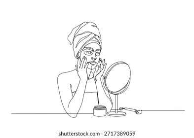 Dibujo continuo de una línea de la mujer hermosa que aplica la máscara facial y el tratamiento del cuidado de piel. Temas de rutinas de belleza, cosméticos, cuidado personal y feminidad