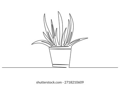 Continuous one line drawing of Beautiful plants in ceramic pots. Single line drawing illustration of Tall green plant. Home gardening concept vector art. Doodle line illustration.