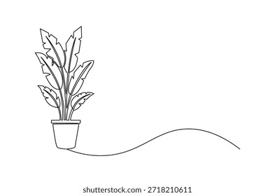 Continuous one line drawing of Beautiful plants in ceramic pots. Single line drawing illustration of Tall green plant. Home gardening concept vector art. Doodle line illustration.