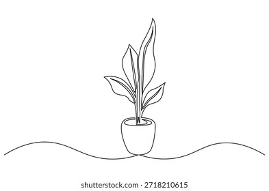 Dibujo continuo de una línea de hermosas plantas en macetas de cerámica. Ilustración de dibujo de una sola línea de planta verde alta. Arte vectorial de concepto de jardinería en casa. Ilustración de línea Doodle.