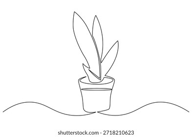 Dibujo continuo de una línea de hermosas plantas en macetas de cerámica. Ilustración de dibujo de una sola línea de planta verde alta. Arte vectorial de concepto de jardinería en casa. Ilustración de línea Doodle.