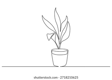 Dibujo continuo de una línea de hermosas plantas en macetas de cerámica. Ilustración de dibujo de una sola línea de planta verde alta. Arte vectorial de concepto de jardinería en casa. Ilustración de línea Doodle.