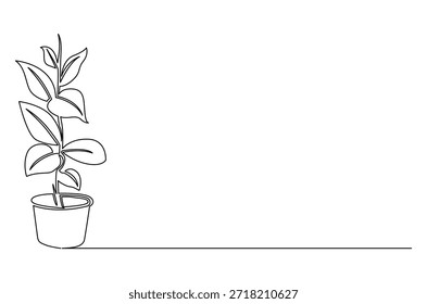 Dibujo continuo de una línea de hermosas plantas en macetas de cerámica. Ilustración de dibujo de una sola línea de planta verde alta. Arte vectorial de concepto de jardinería en casa. Ilustración de línea Doodle.