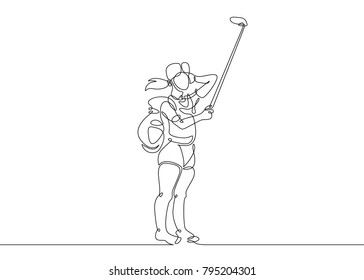 Continuous one  line drawing beautiful girl woman short shorts backpack tourists selfie stick