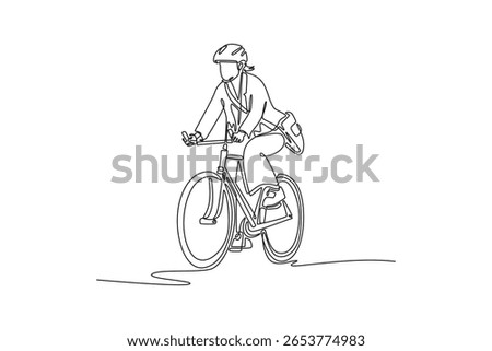 Continuous one line drawing beautiful business woman with briefcase commute her bicycle outdoor at urban, bike go to work office. Active lifestyle. Single line draw design vector graphic illustration