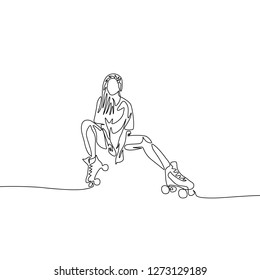 Continuous one line drawing beautifull girl sitting ir roller skate. Sport, recreation, friendship, relax, hobby theme.