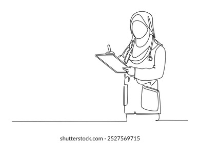 Kontinuierliche eine Zeile Zeichnung Schönheit weiblich arabischen Arzt tragen Hidschab schriftlich medizinische Bericht auf Zwischenablage im Krankenhaus. Medizinisches Gesundheitskonzept. Vektorgrafik mit einfarbiger Zeichnung
