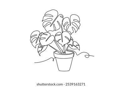 Planta monstruosa de hoja tropical en maceta de belleza de dibujo continuo de una línea. Concepto decorativo imprimible de la planta del hogar para el ornamento casero de la decoración de la pared. Ilustración gráfica de Vector de diseño de línea única
