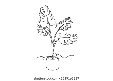 Continuous one line drawing beauty potted tropical leaf monstera plant. Printable decorative houseplant concept for home wall decoration ornament. Single line draw design vector graphic illustration