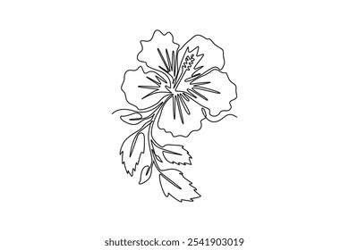 Dibujo continuo de una línea de belleza de hibisco fresco para la identidad del logotipo del jardín del parque. Cartel imprimible rosa malva concepto de flor para la decoración de la pared del hogar. Ilustración gráfica de Vector de diseño de línea única