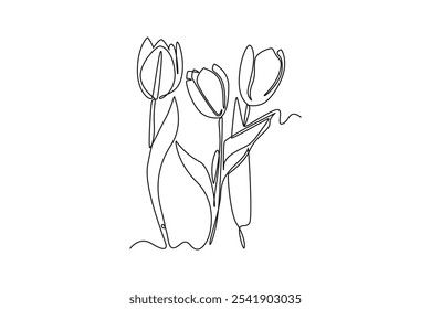 Contínuo uma linha desenhando a tulipa fresca da beleza para a identidade do logotipo do jardim. Flor decorativa de nacionalidade holandesa. Moda têxtil ou decoração de parede. Ilustração gráfica vetorial de design de linha única