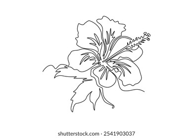 Continuous one line drawing beauty fresh hibiscus for garden logo identity. Decorative rose mallow flower concept for home wall decoration poster. Single line draw design vector graphic illustration