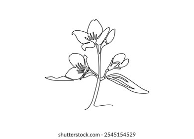 Continuous one line drawing beauty fresh evergreen jasmine flower for home wall decor art print. Decorative poster jasminum concept for gardening. Single line draw design vector graphic illustration