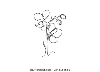 Continuous one line drawing beauty fresh orchid for home wallpaper decoration poster art. Printable decorative orchidaceae flower ornament concept. Single line draw design vector graphic illustration