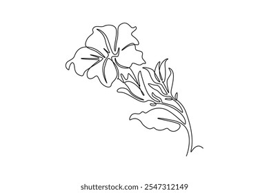 Continuous one line drawing of beauty fresh petunioideae for home wall decor poster. Printable decorative petunia flower for greeting card ornament. Single line draw design vector graphic illustration