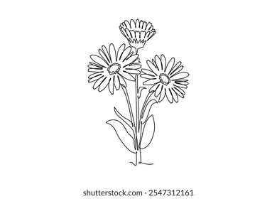 Continuous one line drawing beauty fresh marigold for home wall decoration poster art. Printable decorative calendula flower concept for park icon. Single line draw design vector graphic illustration