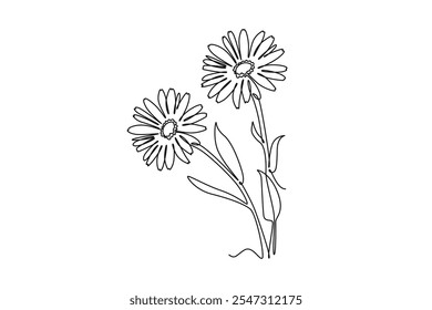 Continuous one line drawing beauty fresh calendula for home wall decoration poster. Printable decorative marigold flower for greeting card ornament. Single line draw design vector graphic illustration