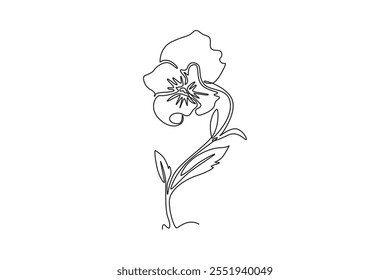 Continuous one line drawing beauty fresh viola hybrid for garden logo. Printable decorative pansy flower for home art wall decor art poster print. Single line draw design vector graphic illustration