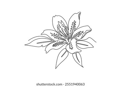 Continuous one line drawing beauty fresh lilium for home wall decor art poster. Printable decorative tiger lily flower for wedding invitation card. Single line draw design vector graphic illustration