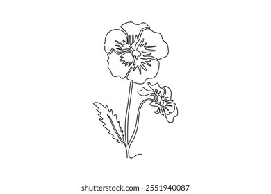 Continuous one line drawing beauty fresh violet hybrid for home wall decor art poster print. Printable decorative pansy flower for invitation card. Single line draw design vector graphic illustration