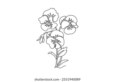 Uma linha contínua desenhando beleza viola fresca planta híbrida para parede arte decoração cartaz. Flor decorativa imprimível para ornamento de cartão de saudação. Ilustração gráfica vetorial de design de linha única