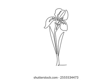 Continuous one line drawing beauty fresh perennial plants for home art wall decor poster print. Decorative iris flower for greeting card ornament. Single line draw design vector graphic illustration