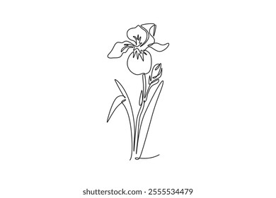 Continuous one line drawing beauty fresh perennial plants for home art wall decor poster print. Decorative iris flower for greeting card ornament. Single line draw design vector graphic illustration