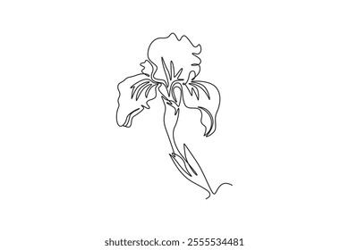 Continuous one line drawing beauty fresh perennial plants for garden logo. Printable decorative iris flower concept for home decor wall art poster. Single line draw design vector graphic illustration