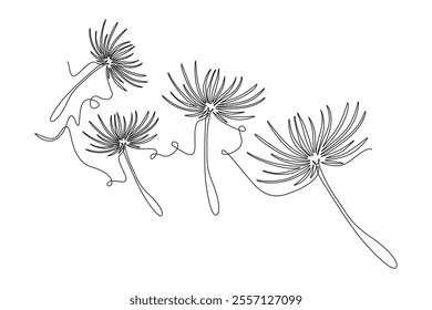 Continuous one line drawing beauty fresh taraxacum for home art wall decor poster. Printable decorative dandelion flower for greeting card ornament. Single line draw design vector graphic illustration