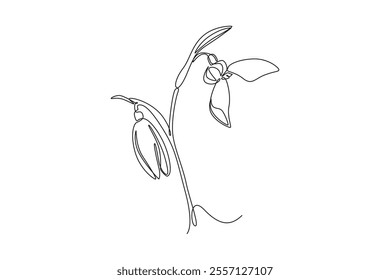 Continuous one line drawing beauty fresh galanthus for home wall decor art poster print. Printable decorative snowdrop flower concept wedding card. Single line draw design vector graphic illustration