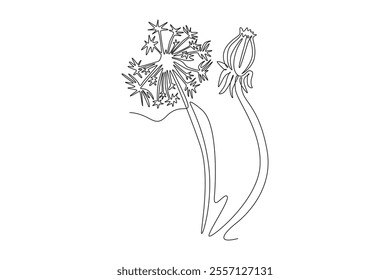 Continuous one line drawing beauty fresh taraxacum for garden logo. Printable decorative dandelion flower for home decoration wall art poster print. Single line draw design vector graphic illustration