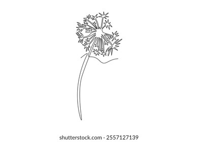 Continuous one line drawing beauty fresh taraxacum for home decoration wall art poster print. Printable decorative dandelion flower for green park. Single line draw design vector graphic illustration