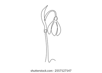 Continuous one line drawing beauty fresh galanthus for home wall decor art poster print. Printable decorative snowdrop flower concept wedding card. Single line draw design vector graphic illustration