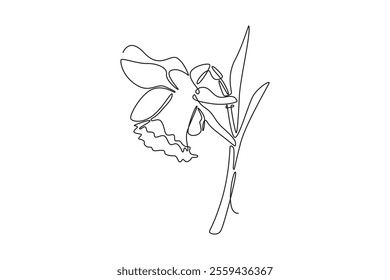 Continuous one line drawing of beauty fresh narcissus for home wall decor art poster print. Printable decorative daffodil flower for card ornament. Single line draw design vector graphic illustration