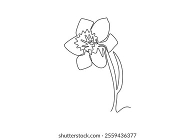 Continuous one line drawing beauty fresh narcissus of garden logo. Printable decorative daffodil flower concept for wall decoration home art poster. Single line draw design vector graphic illustration