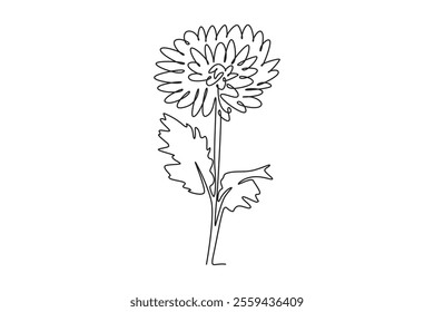 Continuous one line drawing beauty fresh chrysanthemum for garden logo. Printable decorative chrysanth flower concept for wedding invitation card. Single line draw design vector graphic illustration