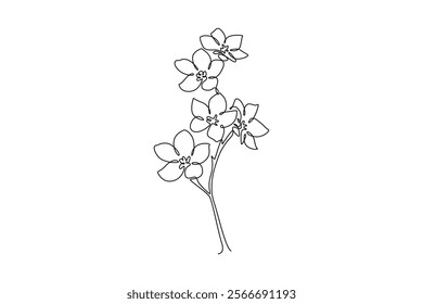 Continuous one line drawing beauty fresh larkspur for garden logo. Decorative of perennial delphinium concept for home wall decor art poster print. Single line draw design vector graphic illustration