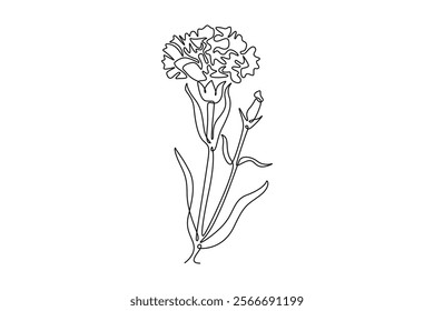 Continuous one line drawing of beauty fresh carnation for home wall art decor print poster. Decorative dianthus caryophyllus flower invitation card. Single line draw design vector graphic illustration