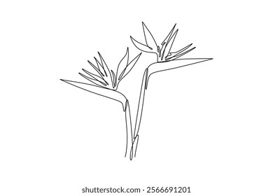 Continuous one line drawing of beauty fresh strelitzia for home wall decor art poster print. Decorative bird of paradise flower for invitation card. Single line draw design vector graphic illustration